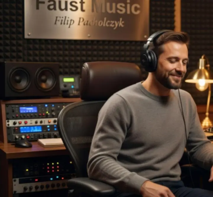 Realizator i artyści świętujący zakończony projekt w studiu Faust Music Filip Pacholczyk